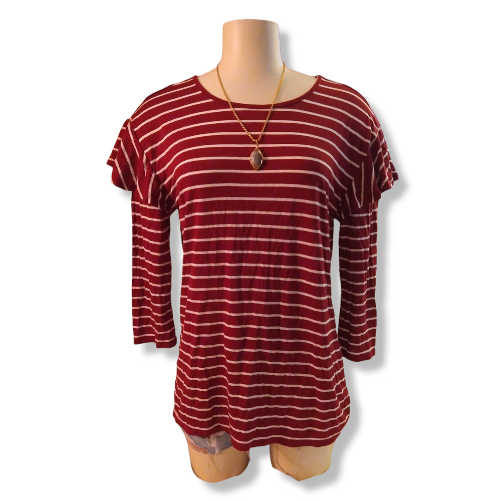 maroon w white striped ruffle sleeve tee Ann Taylor LOFT size small